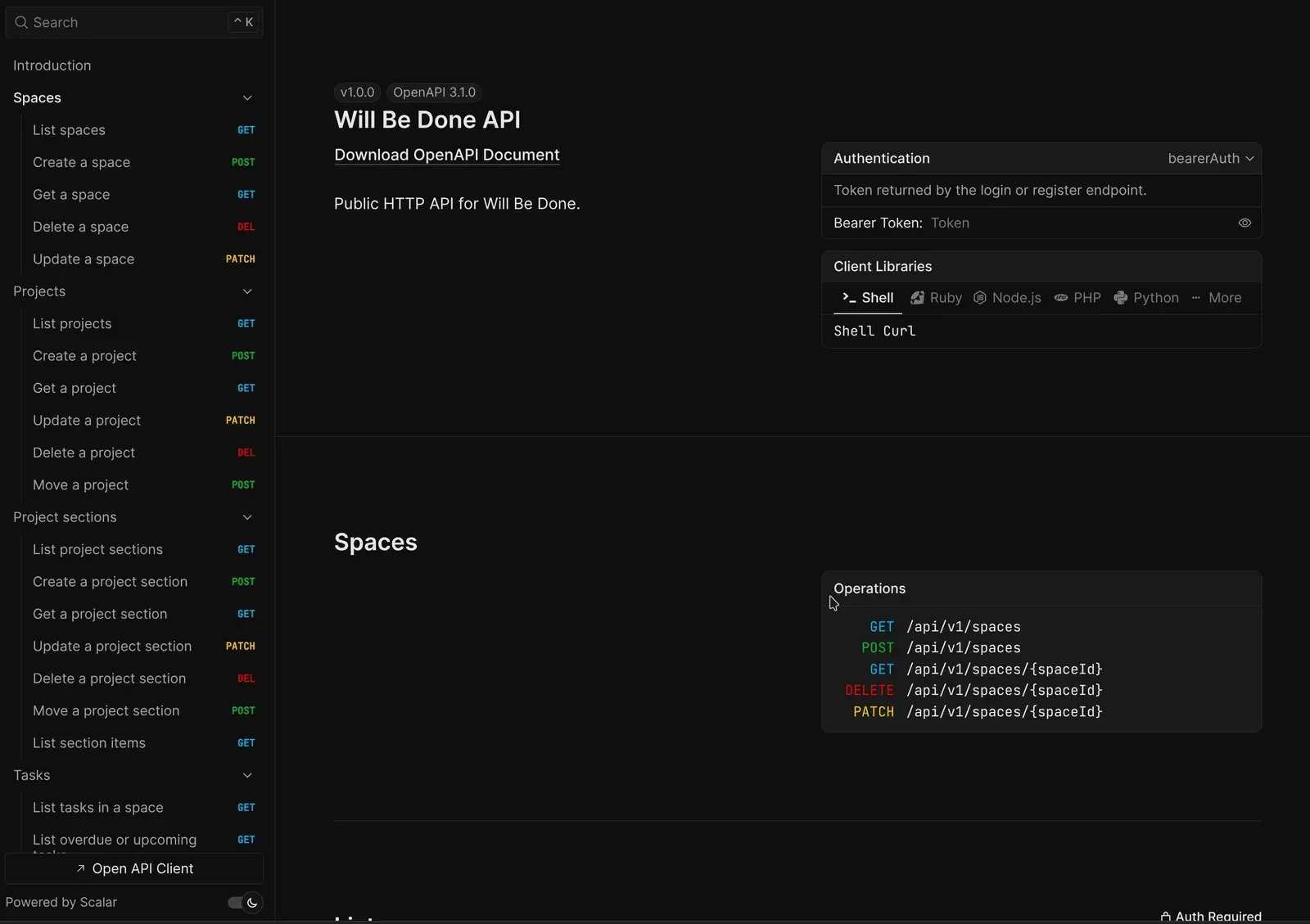 Will Be Done API documentation showing the Spaces endpoints