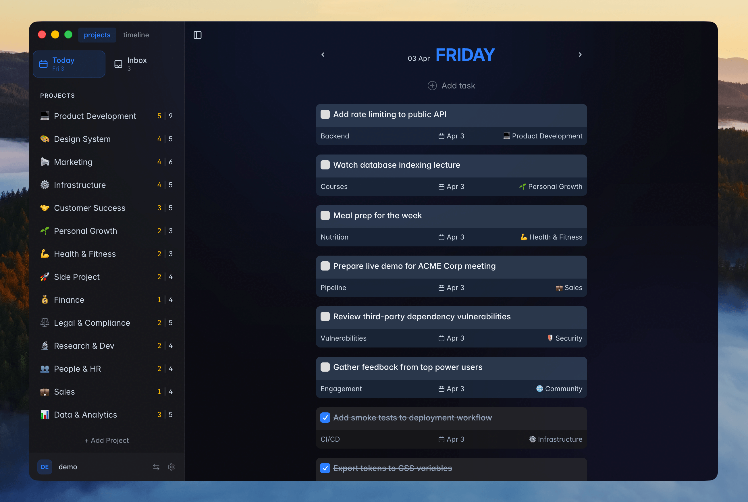 Desktop app overview — full task management interface