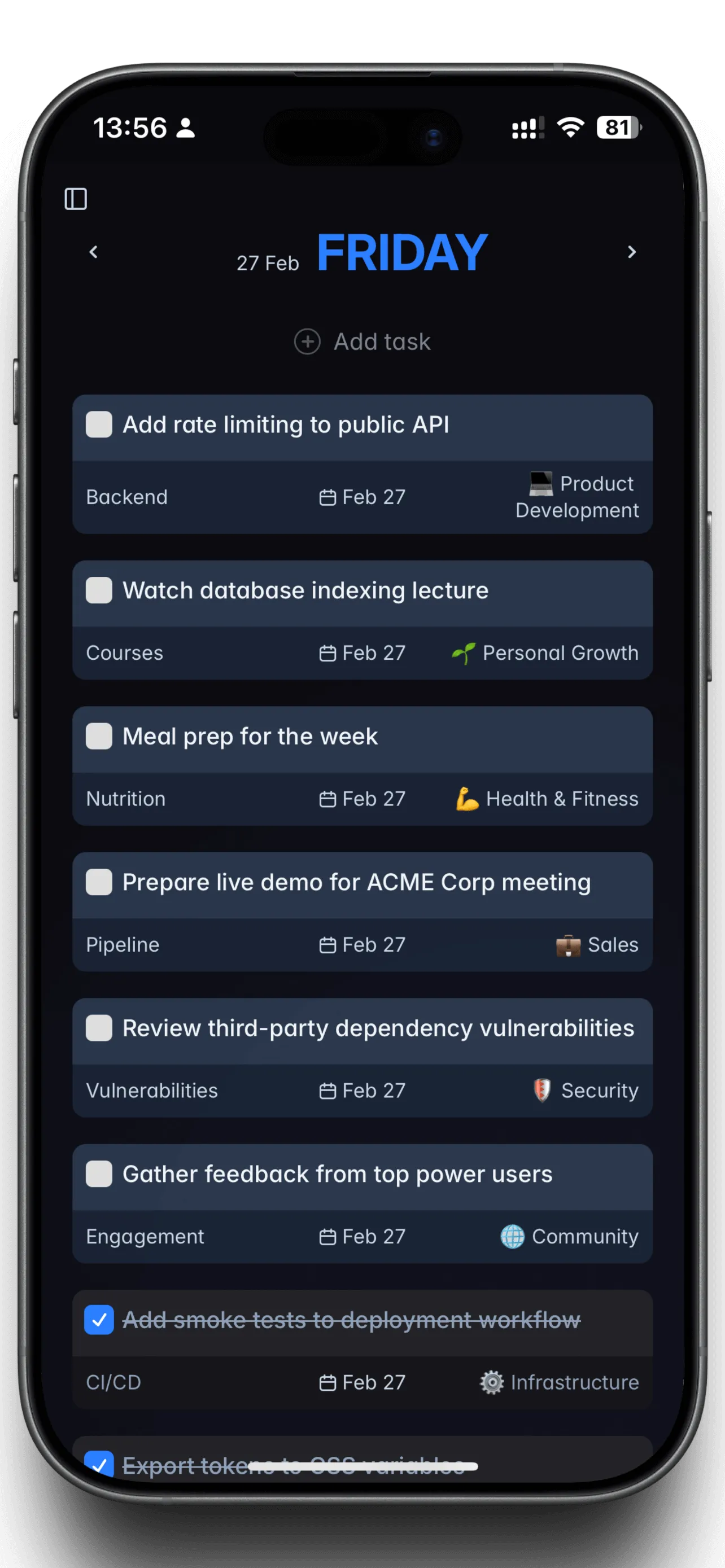 Screenshot of Will Be Done mobile app showing full task management on phone