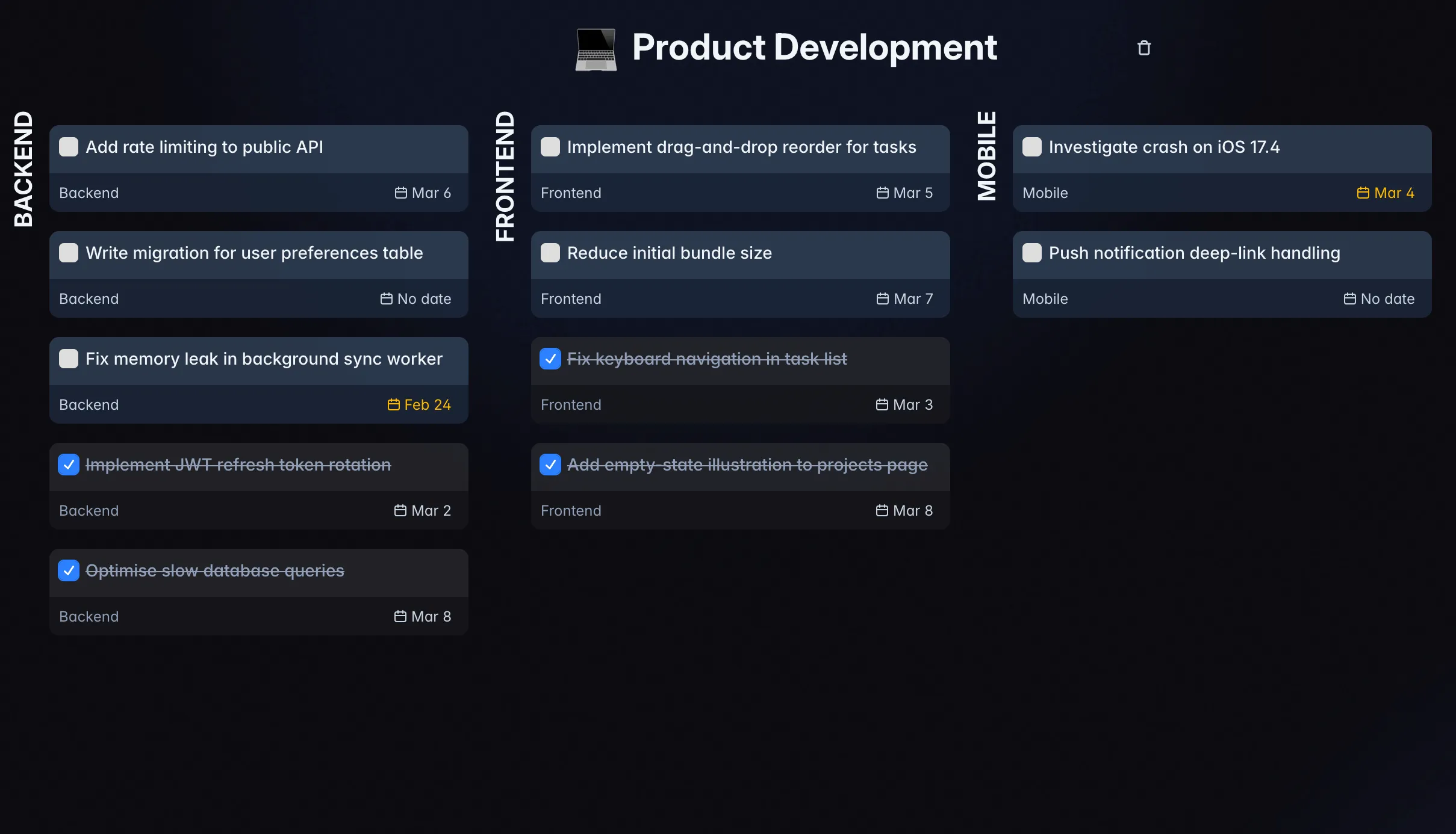 Screenshot showing project kanban board with Week, Month, Ideas, and Someday columns