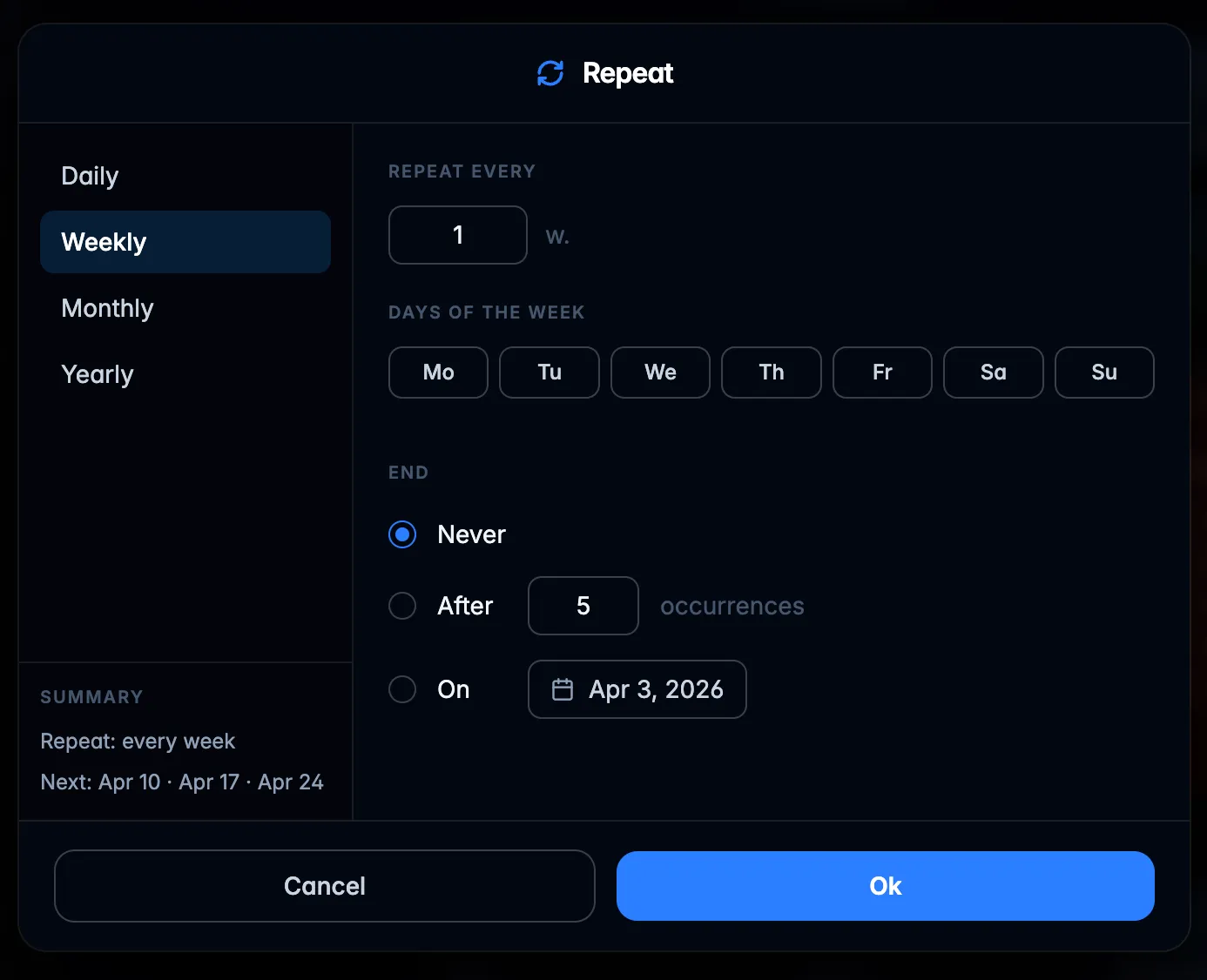Recurring task scheduler showing options for daily, weekly, monthly, and yearly schedules