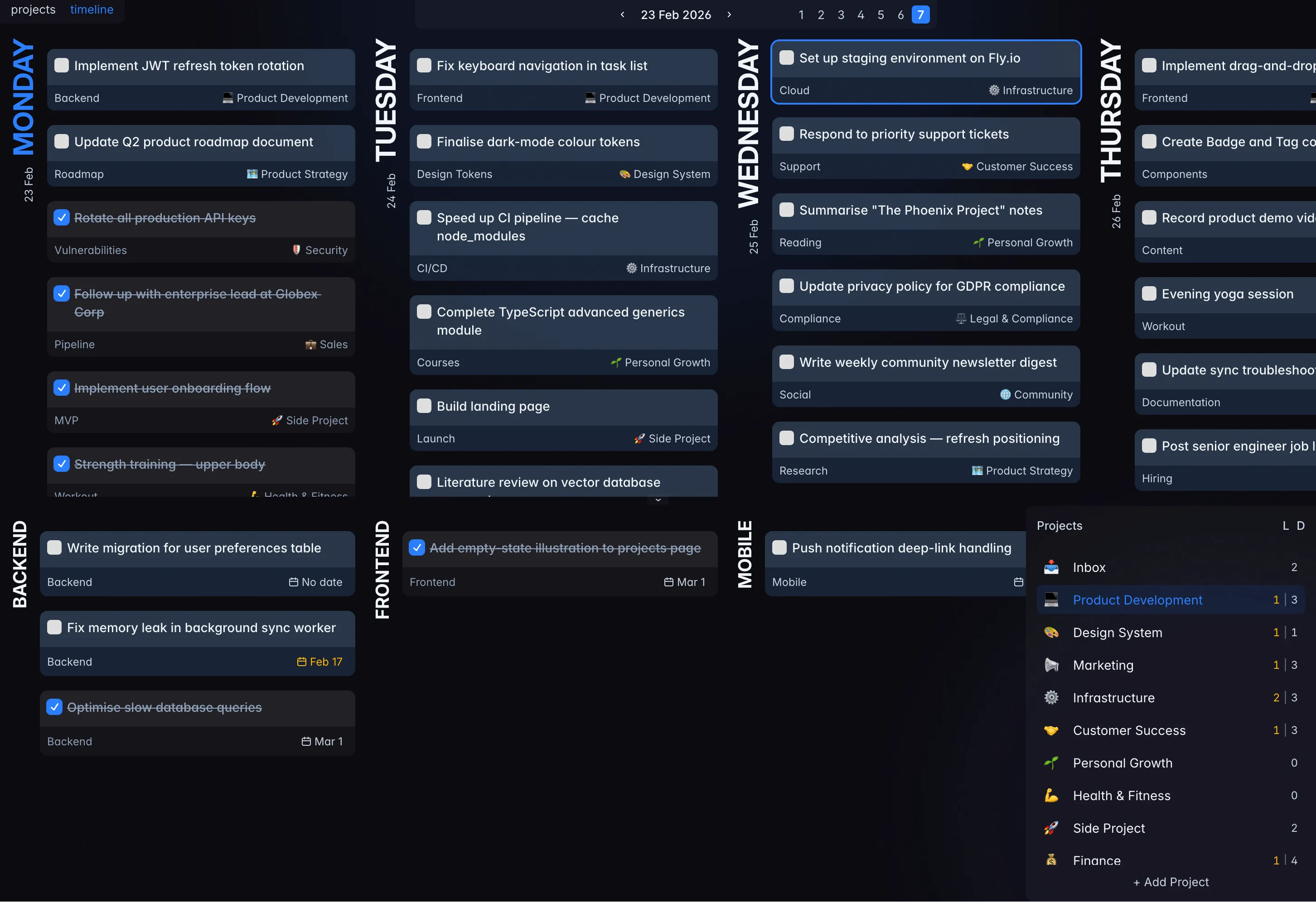 Weekly timeline showing day columns with tasks dragged between days across the full week