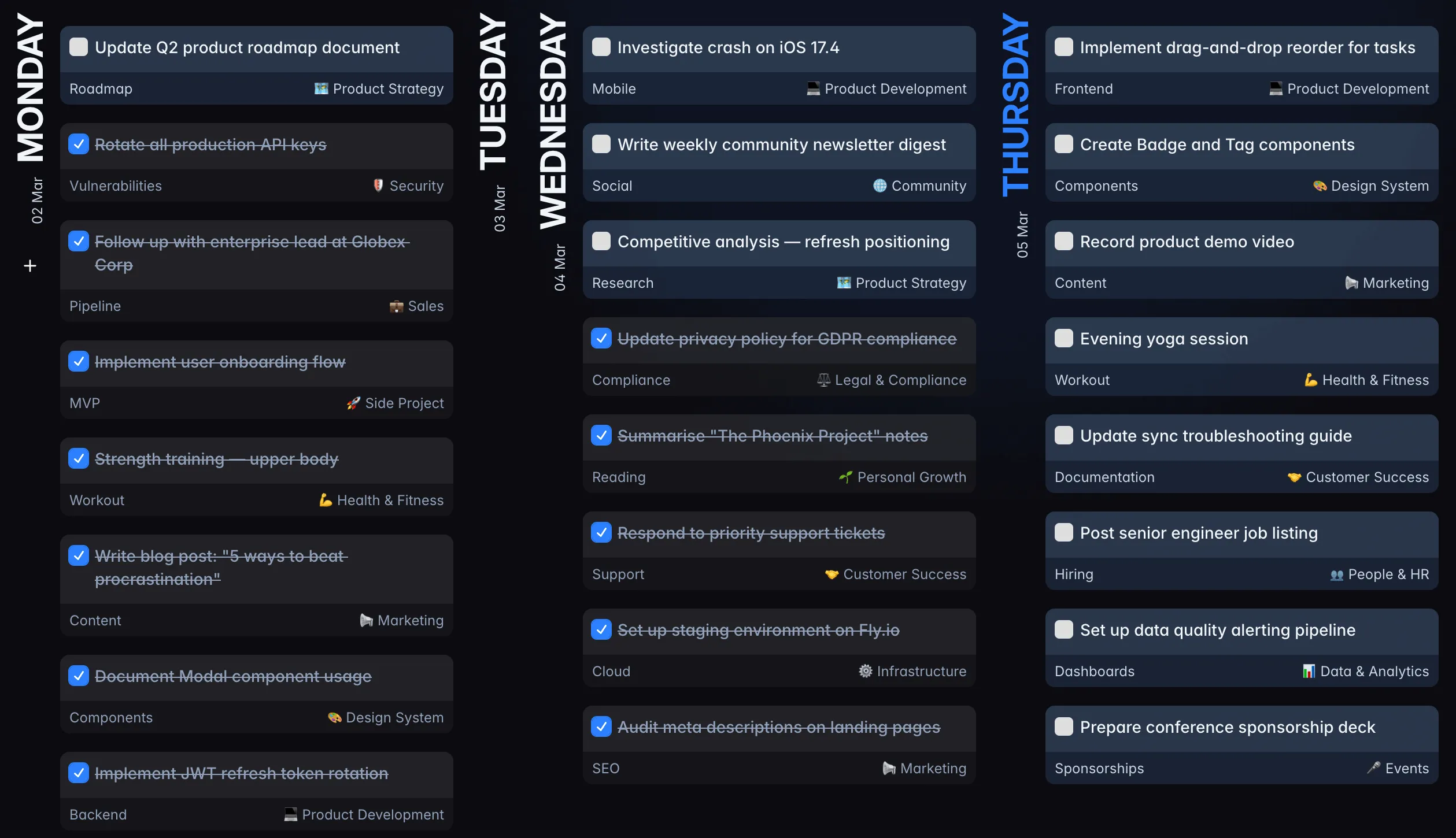 Screenshot showing weekly timeline with day columns for planning your week at a glance