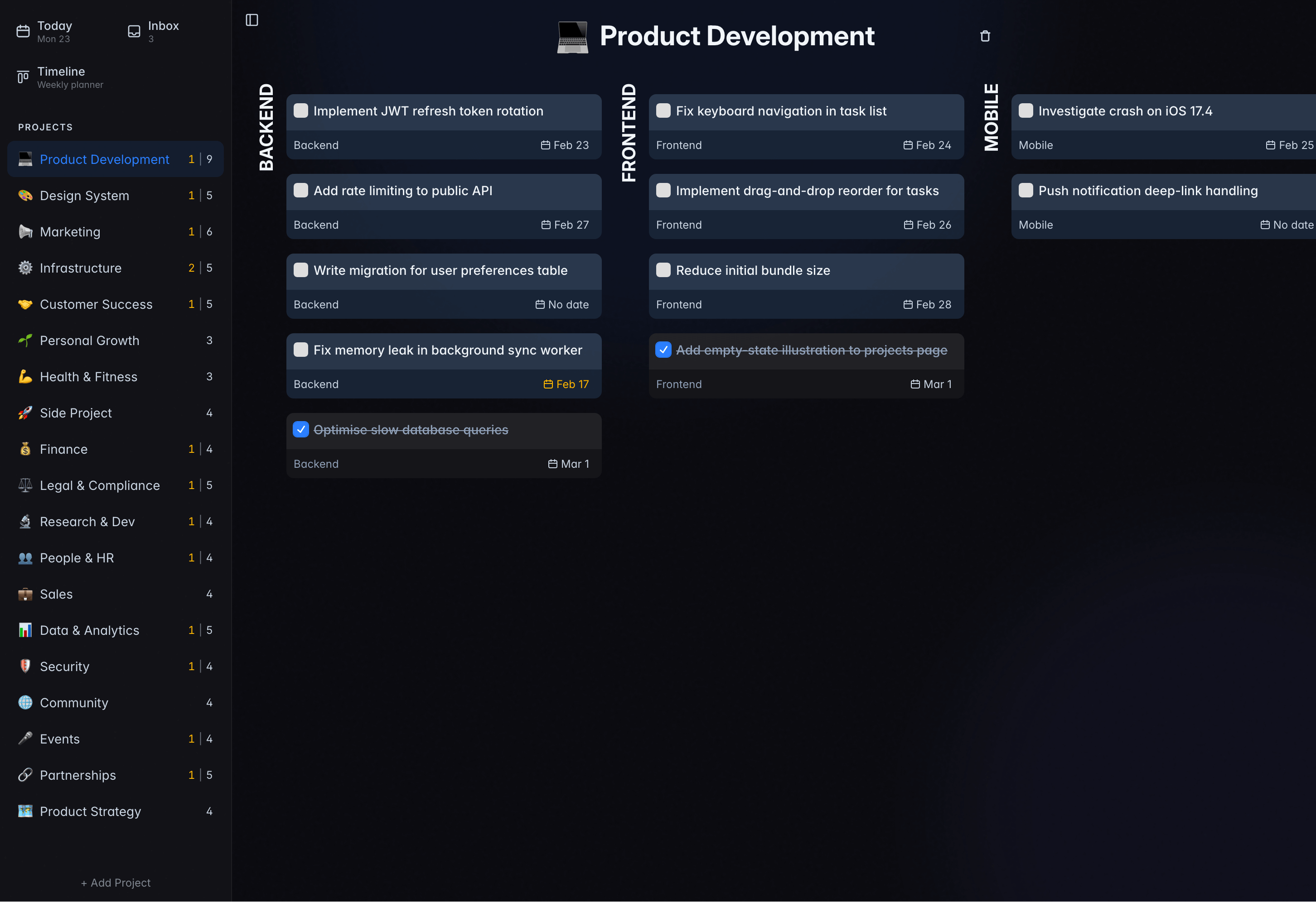 Project kanban board — organize tasks by status across Week, Month, Ideas, and Someday columns