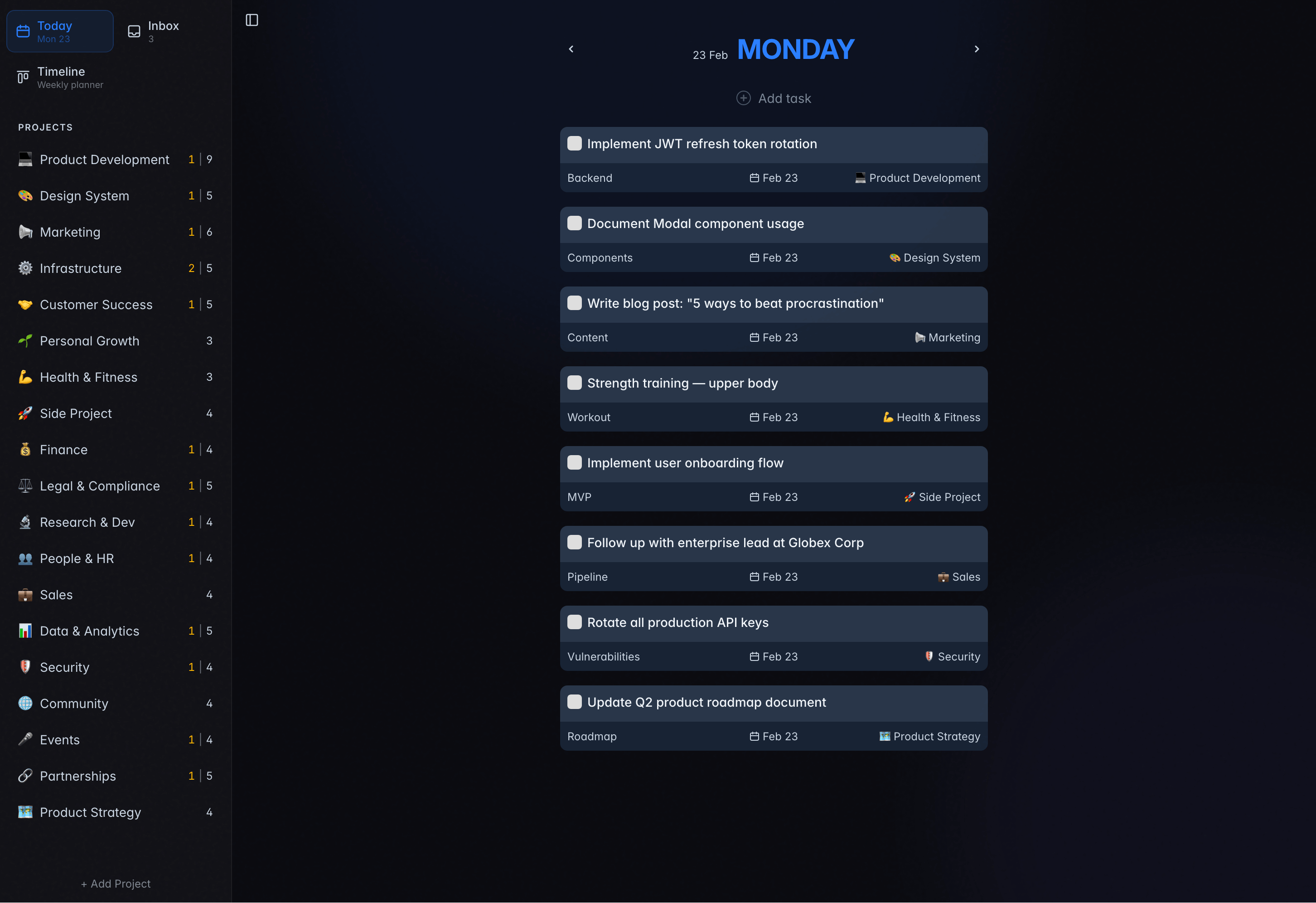 Today view — focused daily task list with quick-add and completion tracking